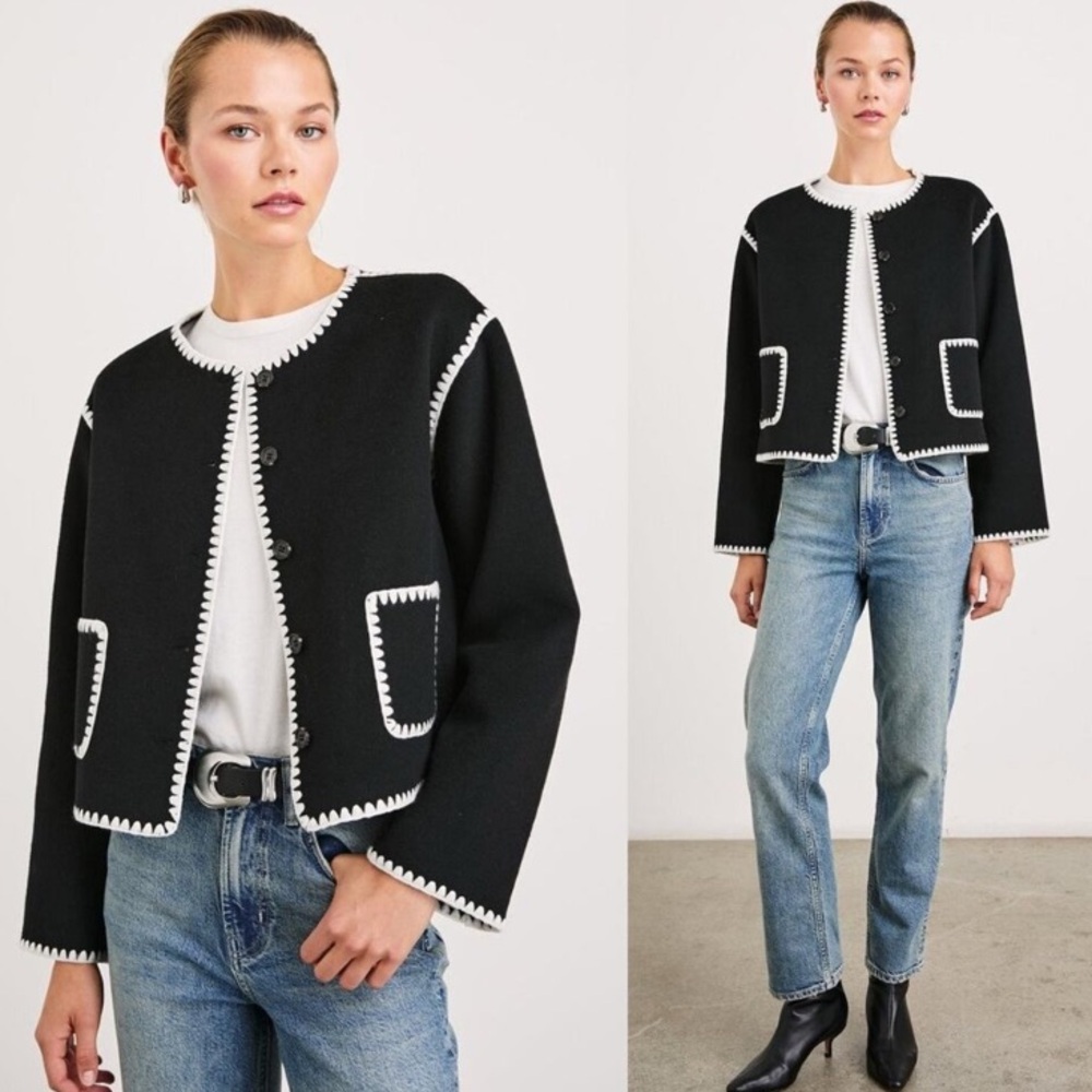 Rails Melanie Jacket Black White Wool Blend Button Front Cardigan Contrast Trim